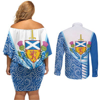 Scotland Forever Couples Matching Off Shoulder Short Dress and Long Sleeve Button Shirt Thistle Lion Rampant