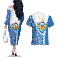 Scotland Forever Couples Matching Off The Shoulder Long Sleeve Dress and Hawaiian Shirt Thistle Lion Rampant