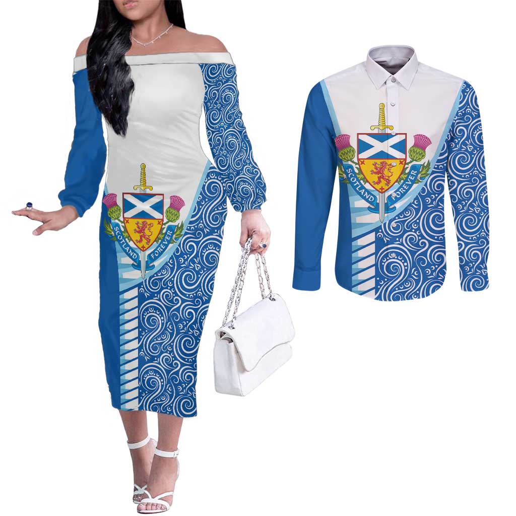 Scotland Forever Couples Matching Off The Shoulder Long Sleeve Dress and Long Sleeve Button Shirt Thistle Lion Rampant