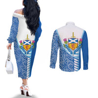 Scotland Forever Couples Matching Off The Shoulder Long Sleeve Dress and Long Sleeve Button Shirt Thistle Lion Rampant