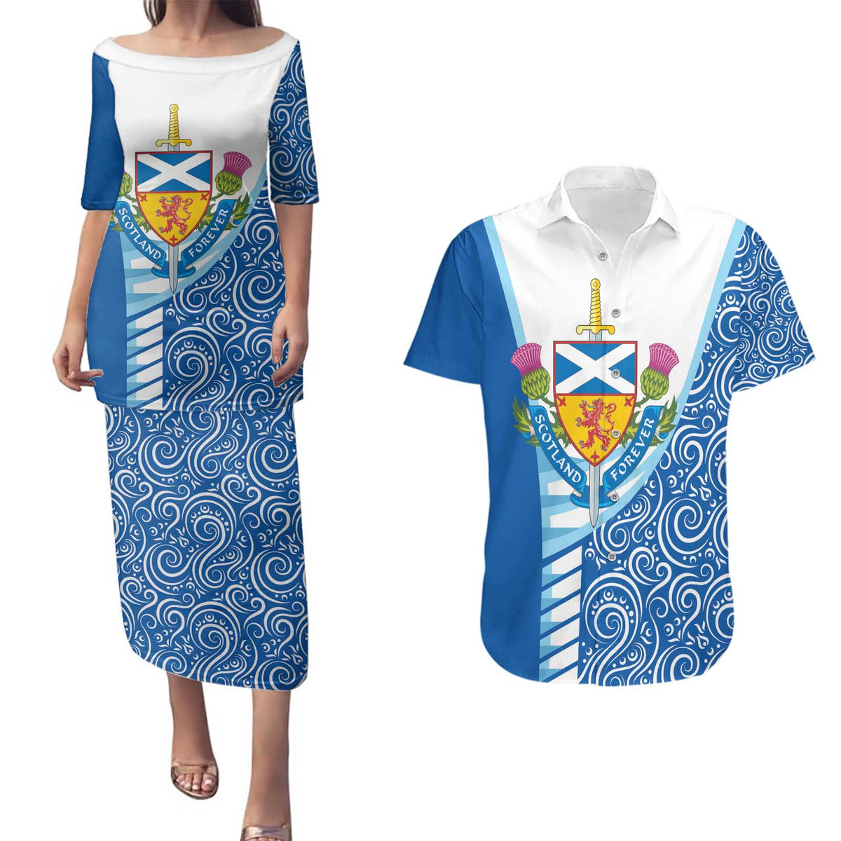 Scotland Forever Couples Matching Puletasi and Hawaiian Shirt Thistle Lion Rampant