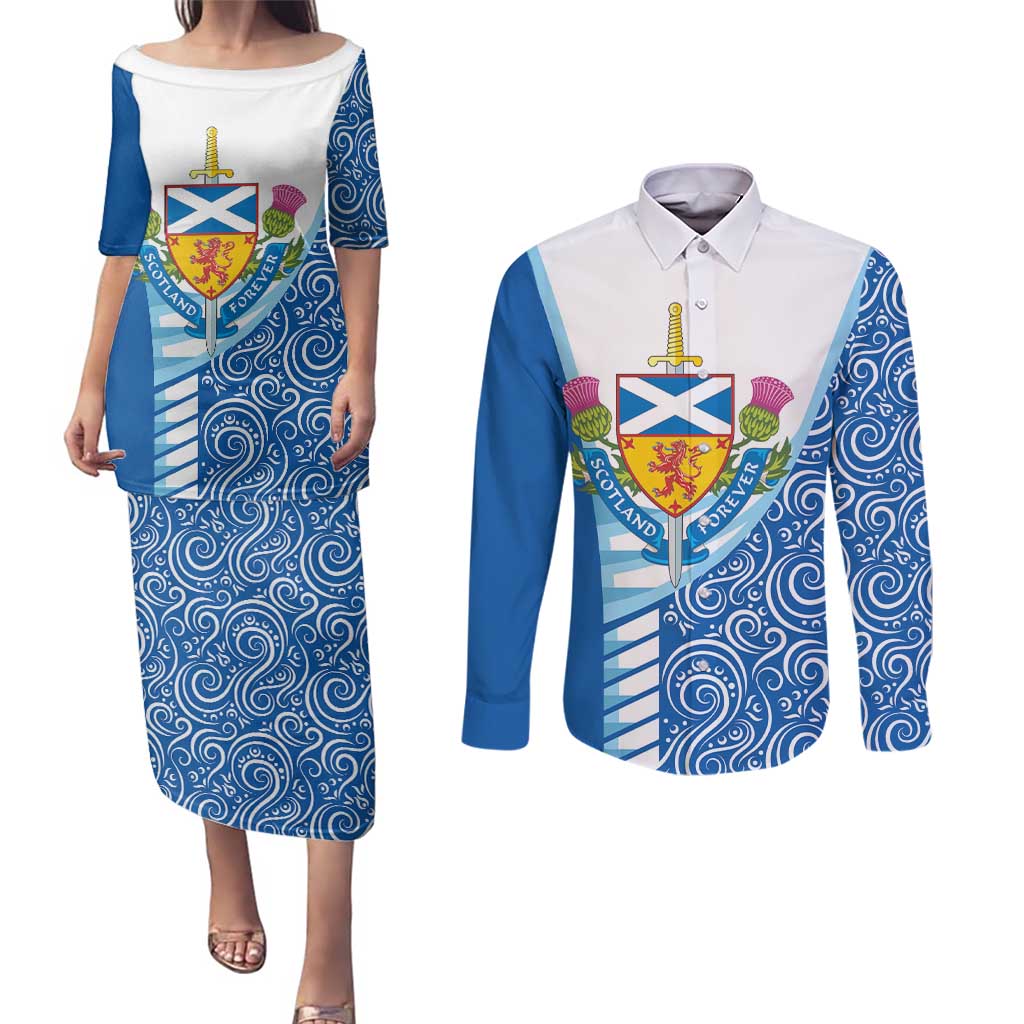 Scotland Forever Couples Matching Puletasi and Long Sleeve Button Shirt Thistle Lion Rampant