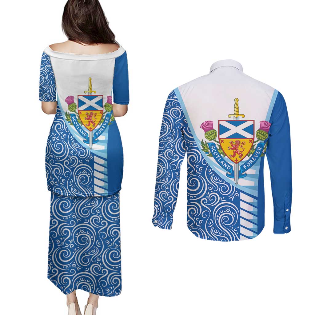 Scotland Forever Couples Matching Puletasi and Long Sleeve Button Shirt Thistle Lion Rampant