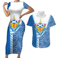 Scotland Forever Couples Matching Short Sleeve Bodycon Dress and Hawaiian Shirt Thistle Lion Rampant