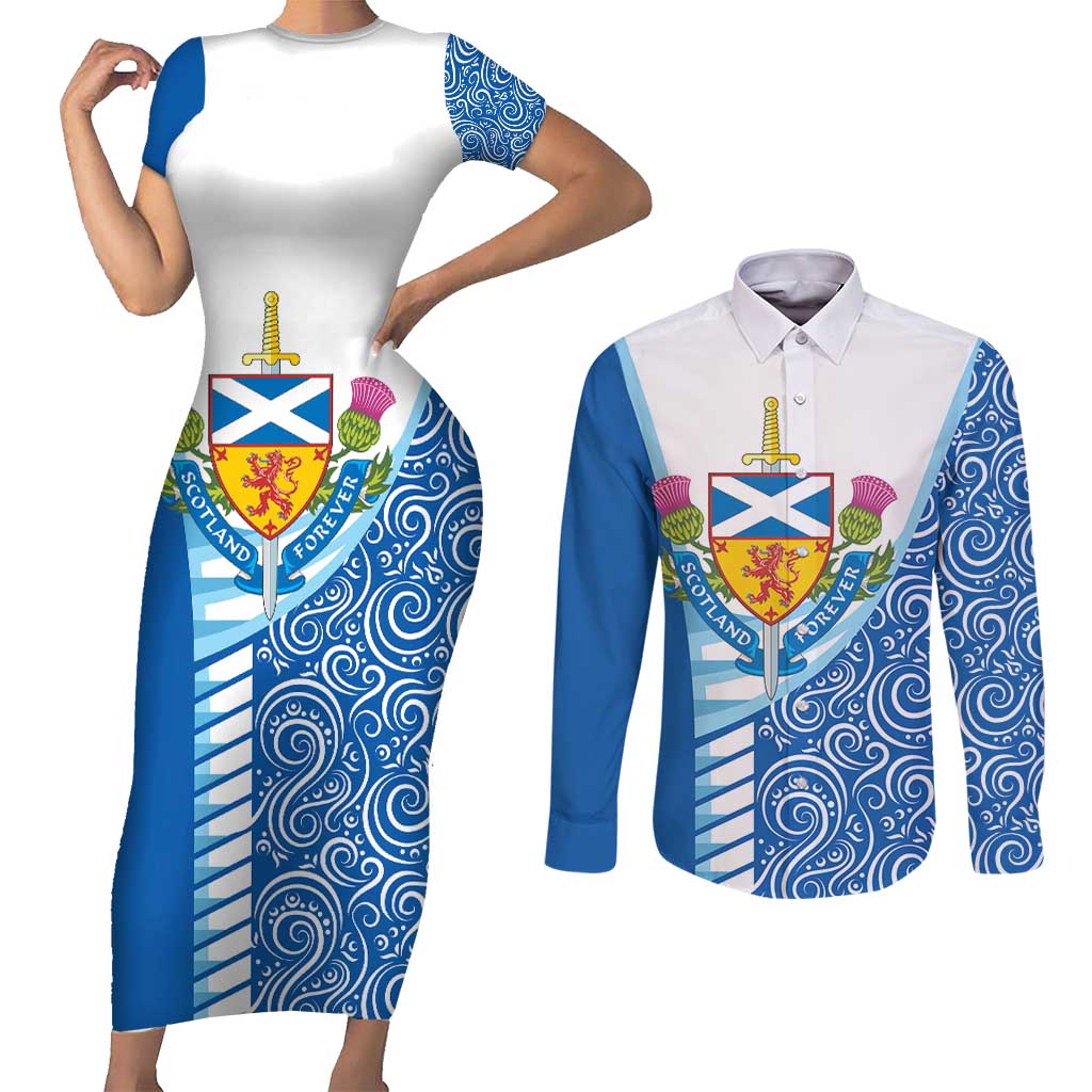 Scotland Forever Couples Matching Short Sleeve Bodycon Dress and Long Sleeve Button Shirt Thistle Lion Rampant