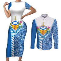 Scotland Forever Couples Matching Short Sleeve Bodycon Dress and Long Sleeve Button Shirt Thistle Lion Rampant