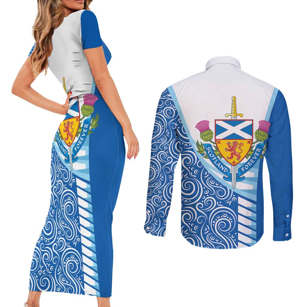 Scotland Forever Couples Matching Short Sleeve Bodycon Dress and Long Sleeve Button Shirt Thistle Lion Rampant