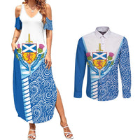 Scotland Forever Couples Matching Summer Maxi Dress and Long Sleeve Button Shirt Thistle Lion Rampant