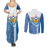 Scotland Forever Couples Matching Summer Maxi Dress and Long Sleeve Button Shirt Thistle Lion Rampant