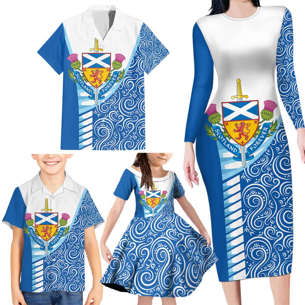Scotland Forever Family Matching Long Sleeve Bodycon Dress and Hawaiian Shirt Thistle Lion Rampant