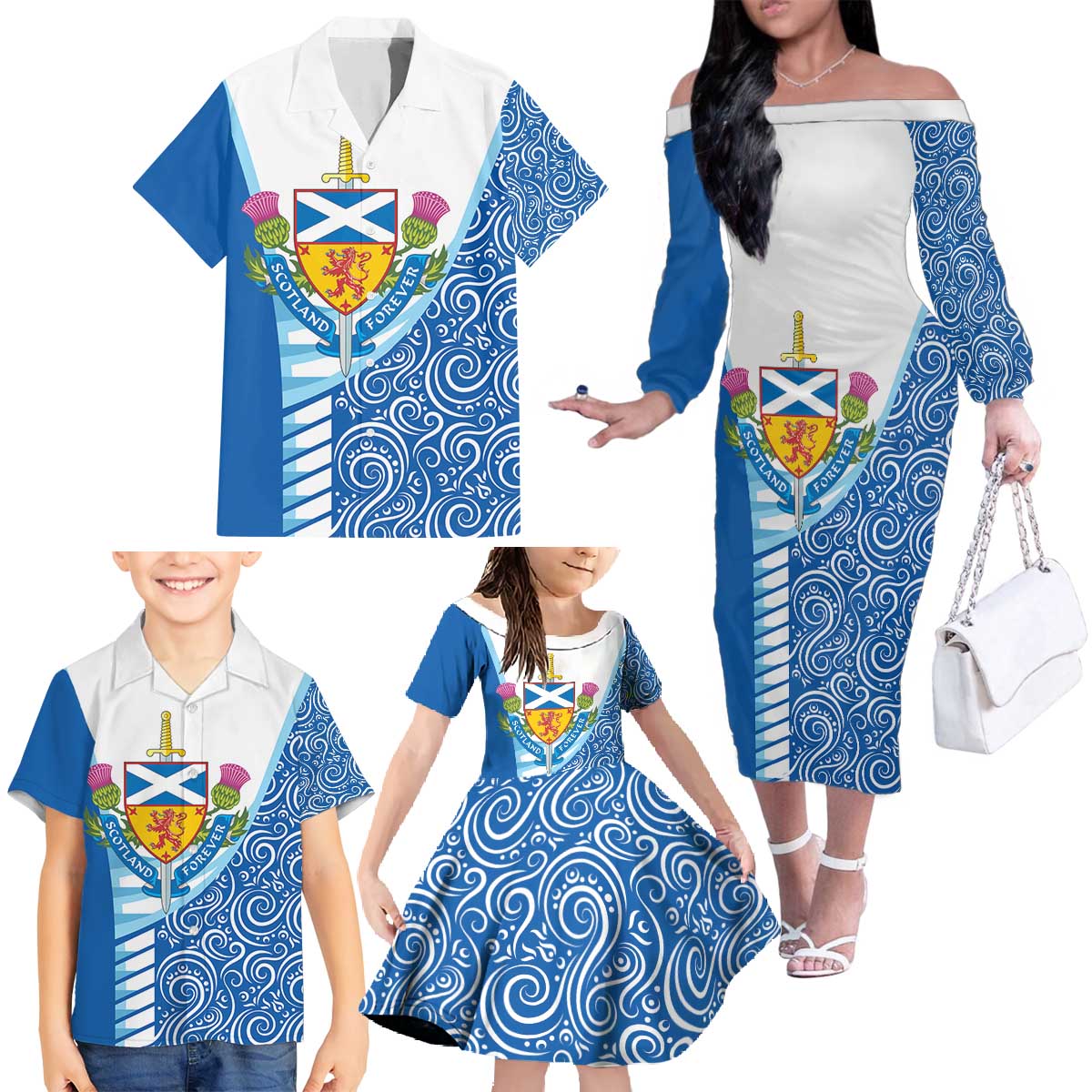 Scotland Forever Family Matching Off The Shoulder Long Sleeve Dress and Hawaiian Shirt Thistle Lion Rampant