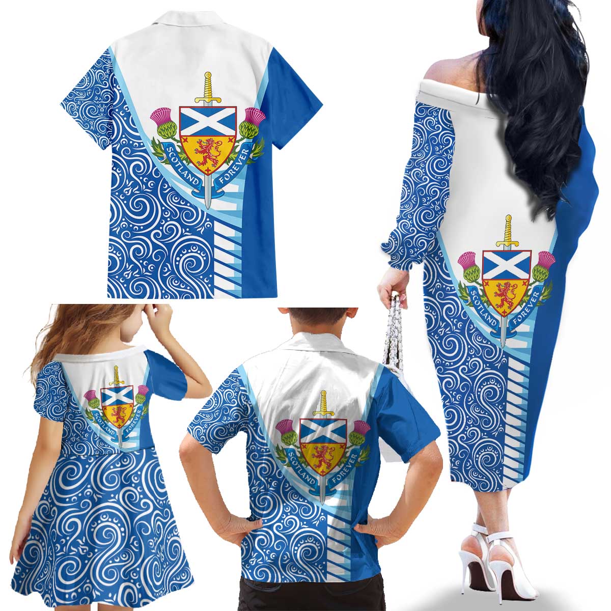 Scotland Forever Family Matching Off The Shoulder Long Sleeve Dress and Hawaiian Shirt Thistle Lion Rampant