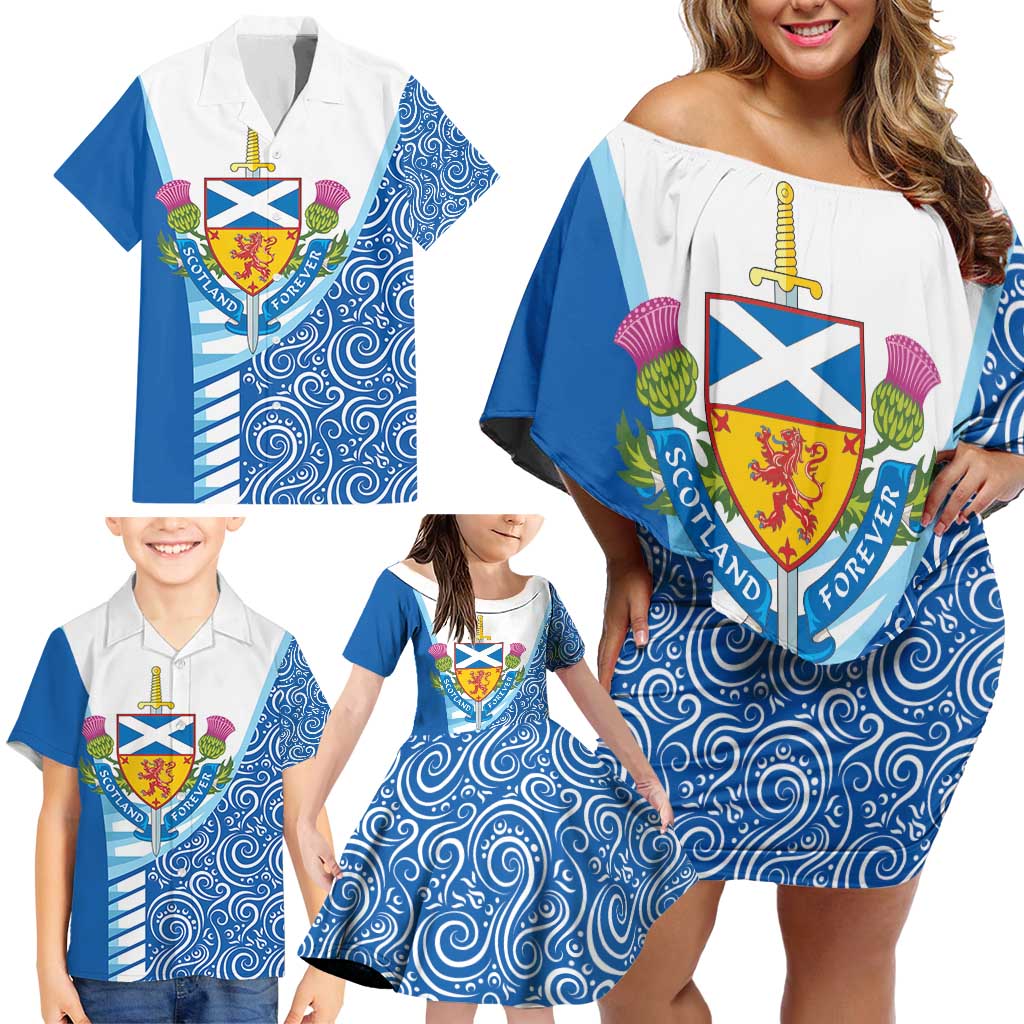 Scotland Forever Family Matching Off Shoulder Short Dress and Hawaiian Shirt Thistle Lion Rampant