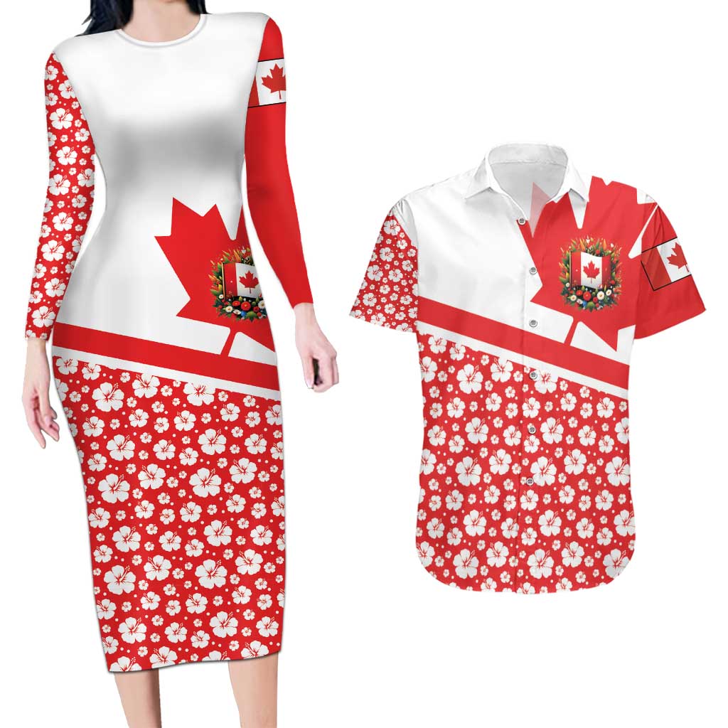 Canada Couples Matching Long Sleeve Bodycon Dress and Hawaiian Shirt Summer Hibiscus Tropical Flower