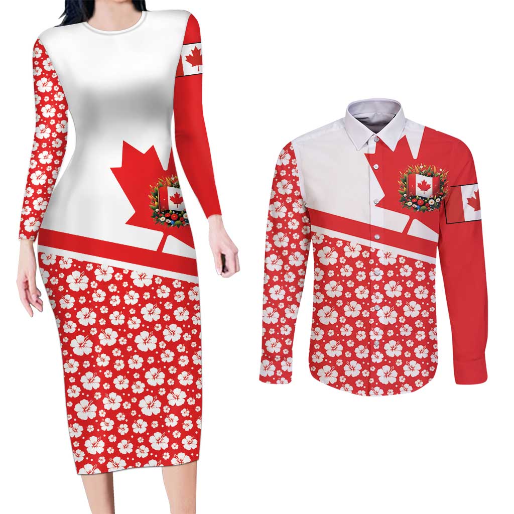Canada Couples Matching Long Sleeve Bodycon Dress and Long Sleeve Button Shirt Summer Hibiscus Tropical Flower