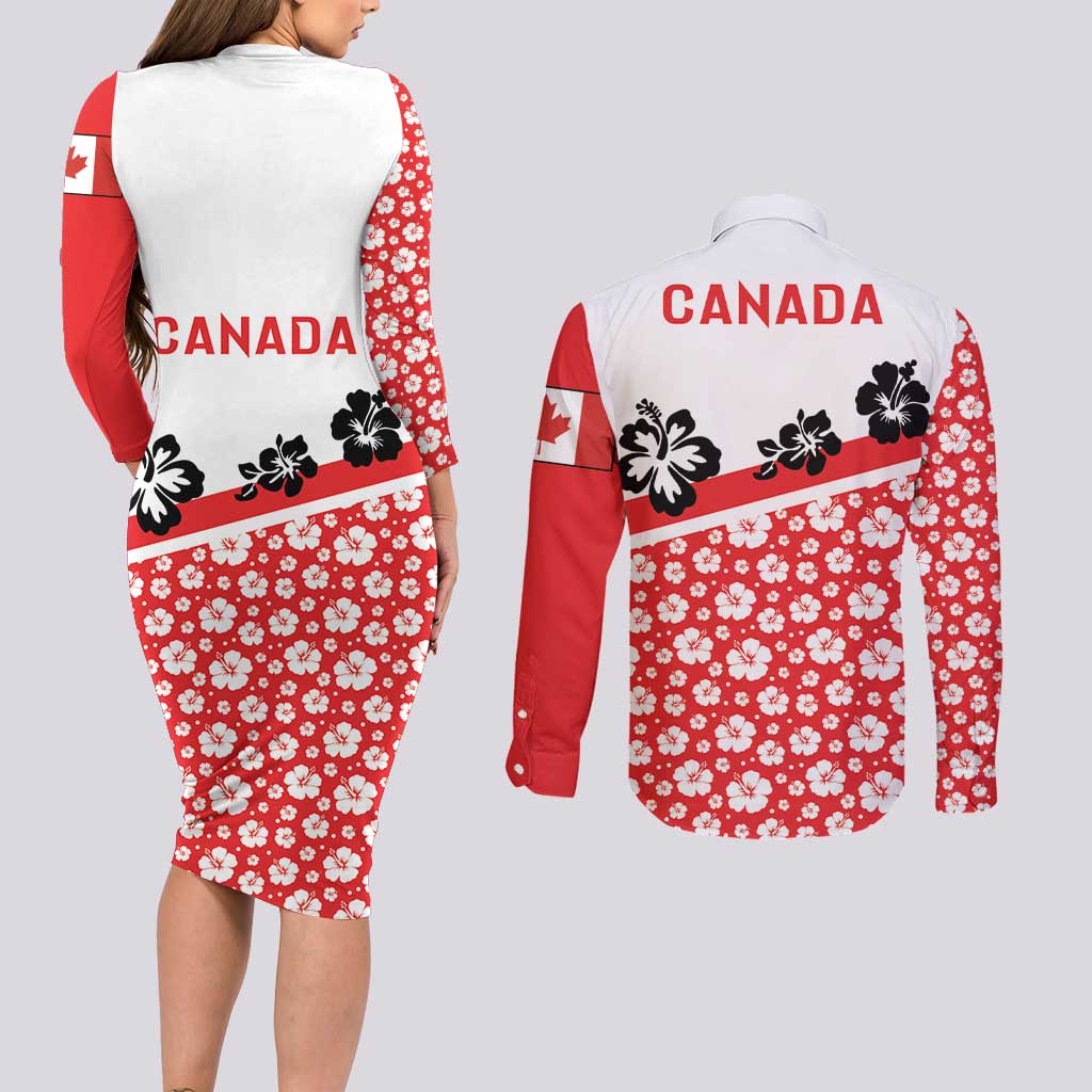 Canada Couples Matching Long Sleeve Bodycon Dress and Long Sleeve Button Shirt Summer Hibiscus Tropical Flower