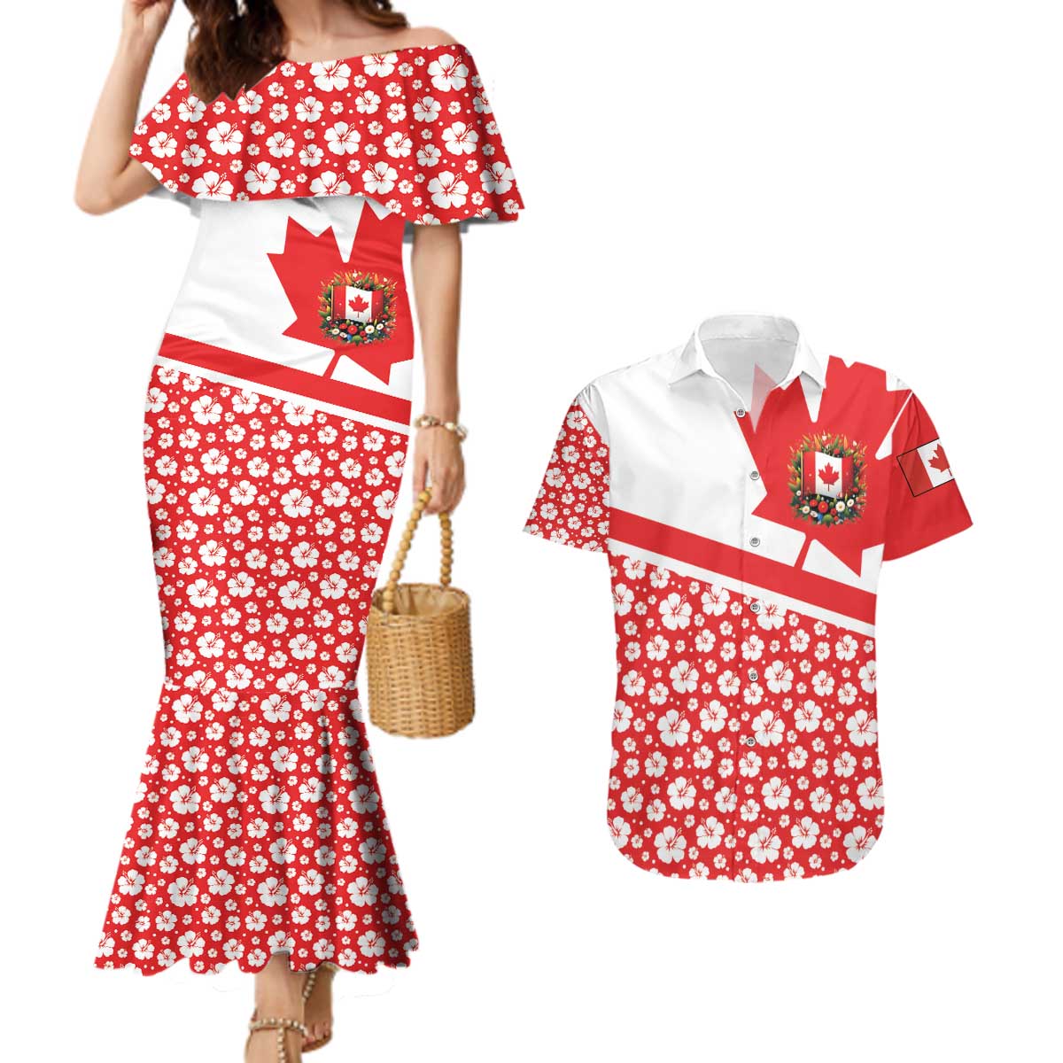 Canada Couples Matching Mermaid Dress and Hawaiian Shirt Summer Hibiscus Tropical Flower