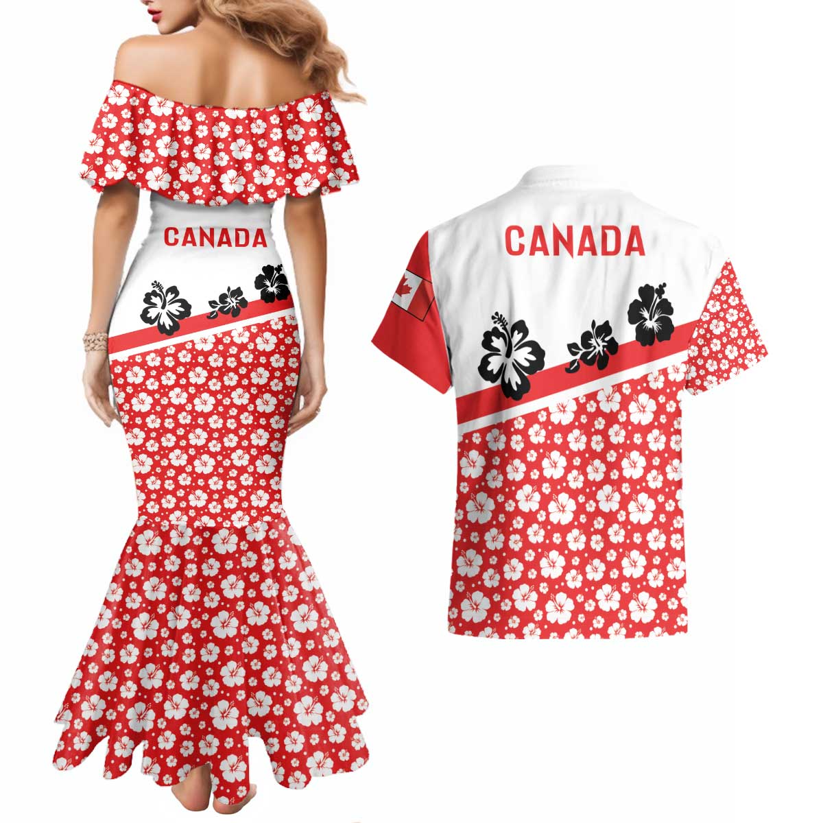 Canada Couples Matching Mermaid Dress and Hawaiian Shirt Summer Hibiscus Tropical Flower
