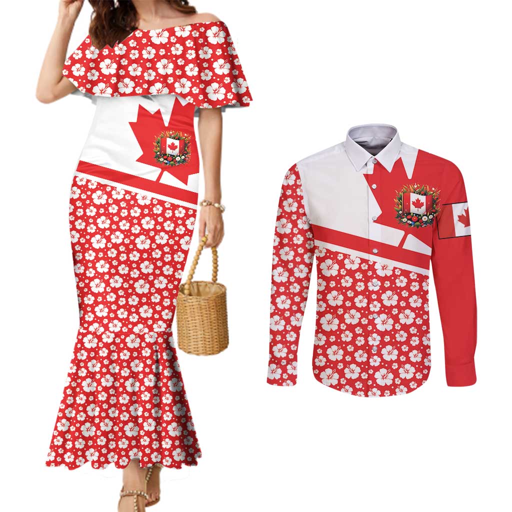 Canada Couples Matching Mermaid Dress and Long Sleeve Button Shirt Summer Hibiscus Tropical Flower