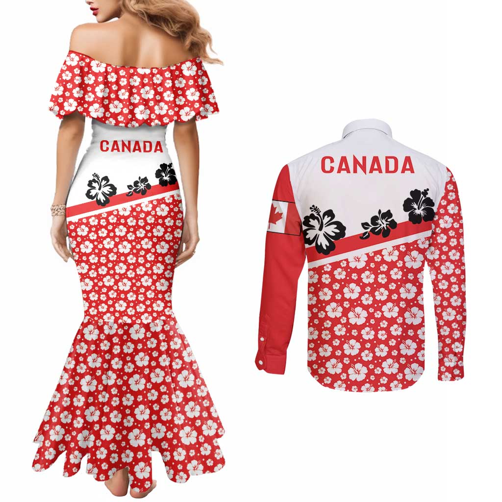 Canada Couples Matching Mermaid Dress and Long Sleeve Button Shirt Summer Hibiscus Tropical Flower