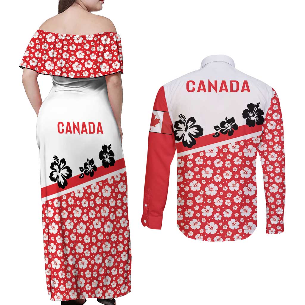 Canada Couples Matching Off Shoulder Maxi Dress and Long Sleeve Button Shirt Summer Hibiscus Tropical Flower