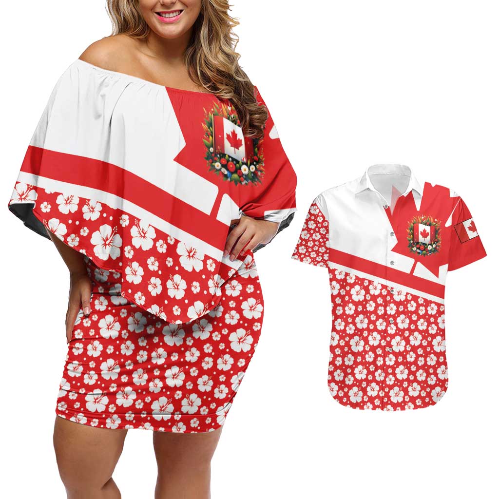 Canada Couples Matching Off Shoulder Short Dress and Hawaiian Shirt Summer Hibiscus Tropical Flower