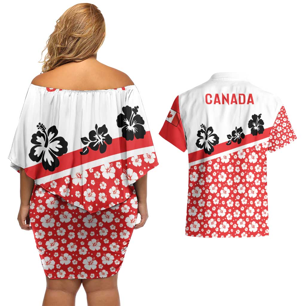 Canada Couples Matching Off Shoulder Short Dress and Hawaiian Shirt Summer Hibiscus Tropical Flower