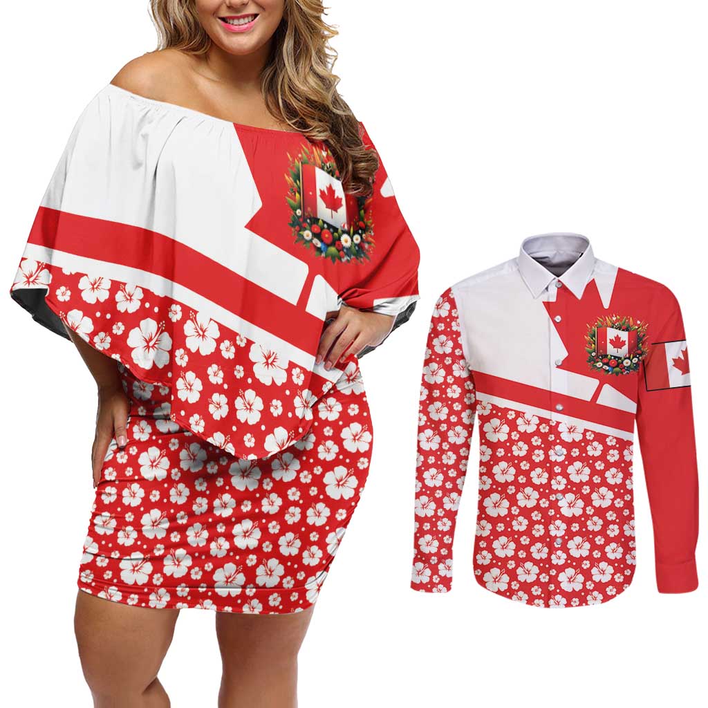 Canada Couples Matching Off Shoulder Short Dress and Long Sleeve Button Shirt Summer Hibiscus Tropical Flower