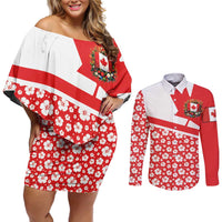 Canada Couples Matching Off Shoulder Short Dress and Long Sleeve Button Shirt Summer Hibiscus Tropical Flower