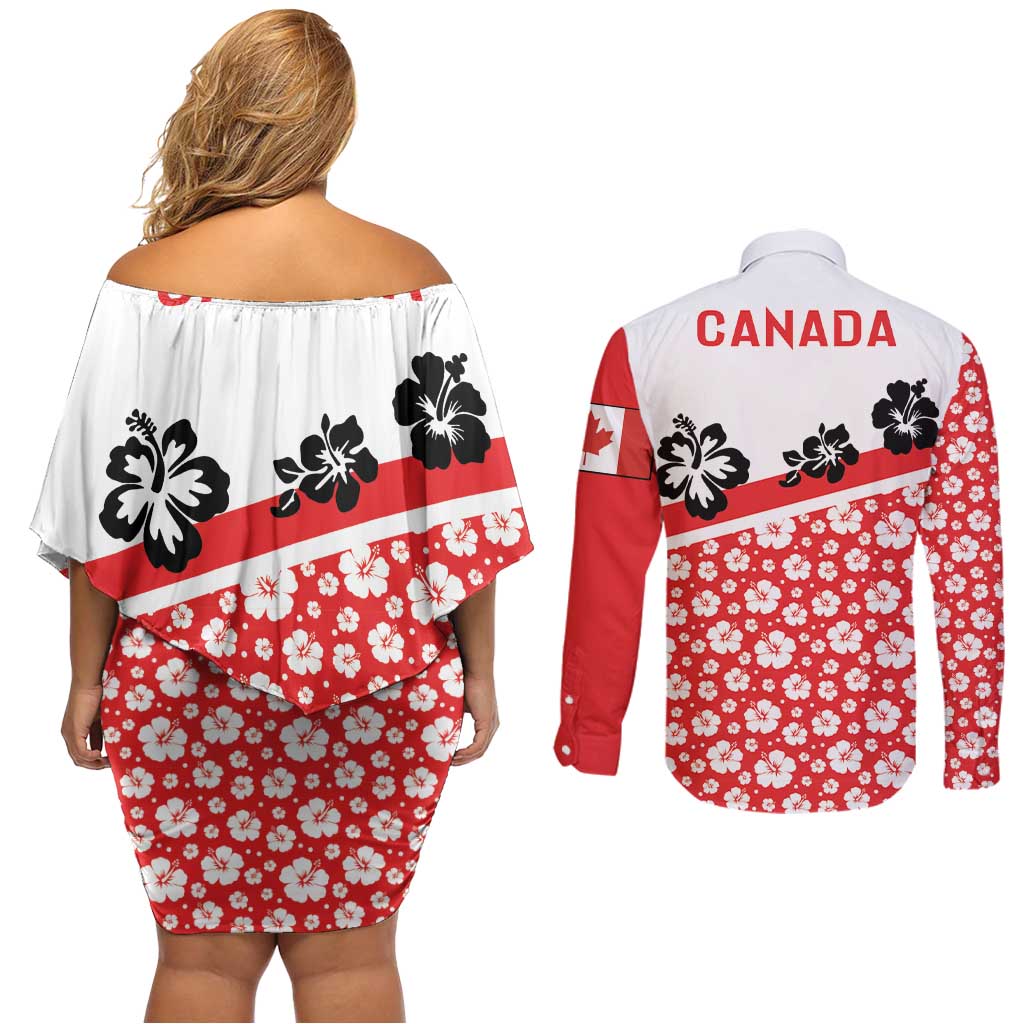 Canada Couples Matching Off Shoulder Short Dress and Long Sleeve Button Shirt Summer Hibiscus Tropical Flower