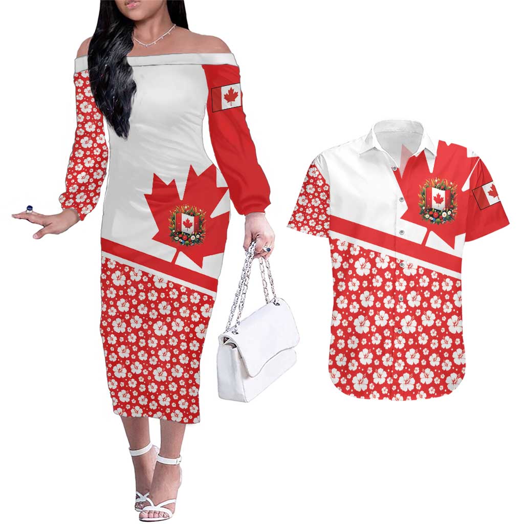 Canada Couples Matching Off The Shoulder Long Sleeve Dress and Hawaiian Shirt Summer Hibiscus Tropical Flower