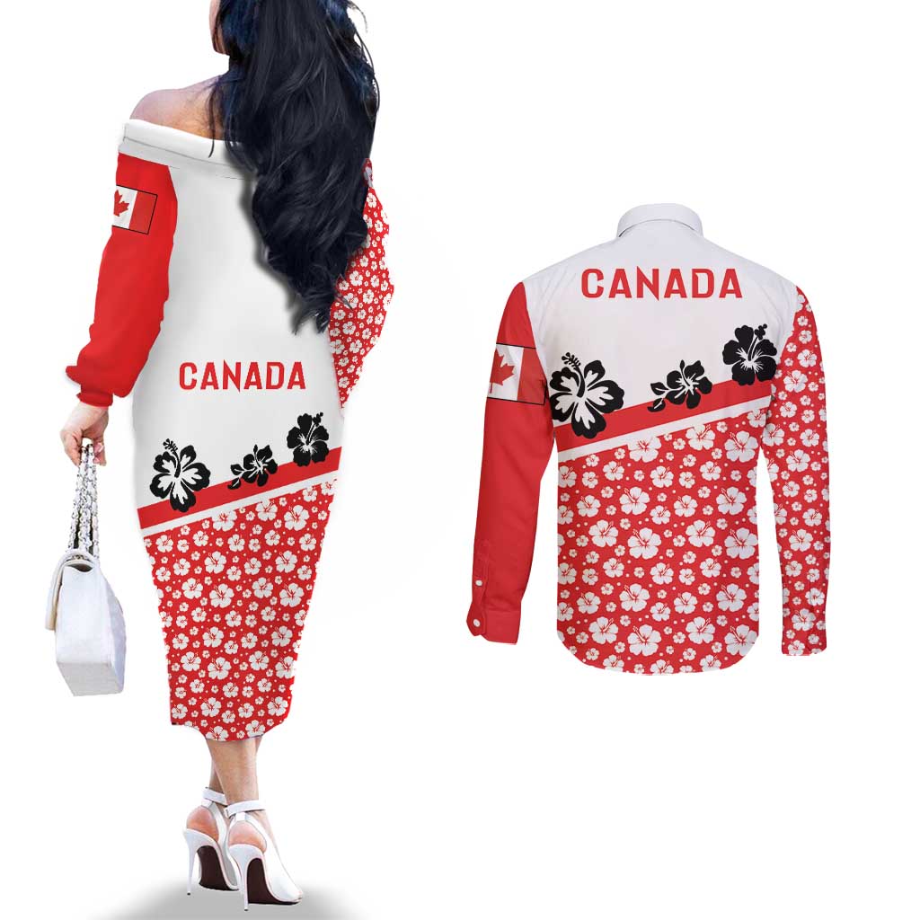 Canada Couples Matching Off The Shoulder Long Sleeve Dress and Long Sleeve Button Shirt Summer Hibiscus Tropical Flower