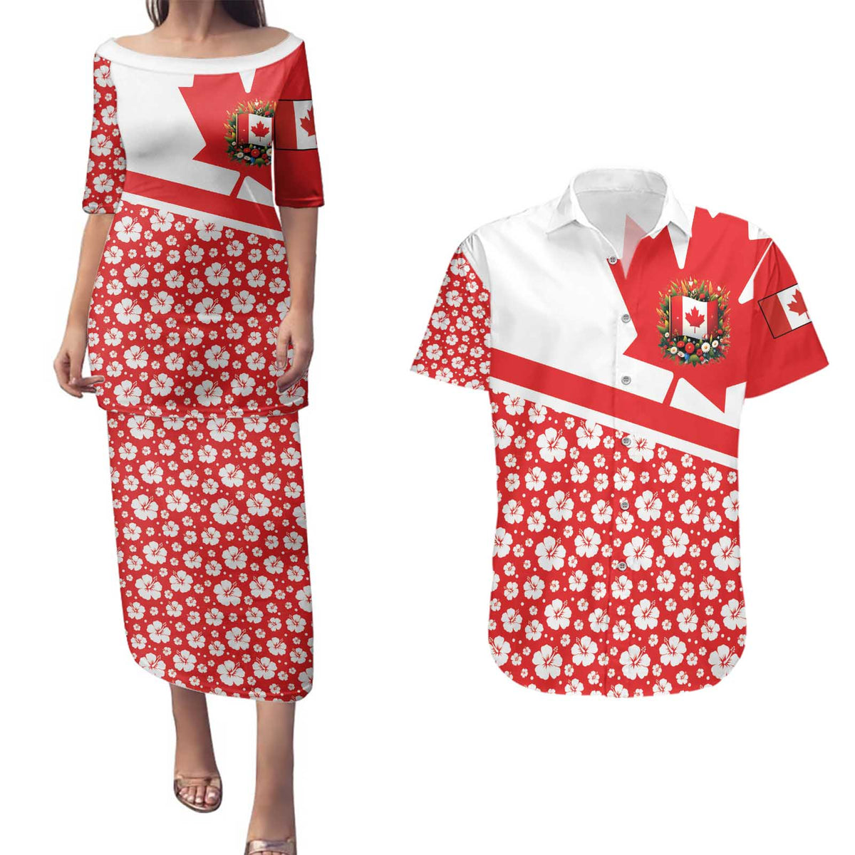 Canada Couples Matching Puletasi and Hawaiian Shirt Summer Hibiscus Tropical Flower