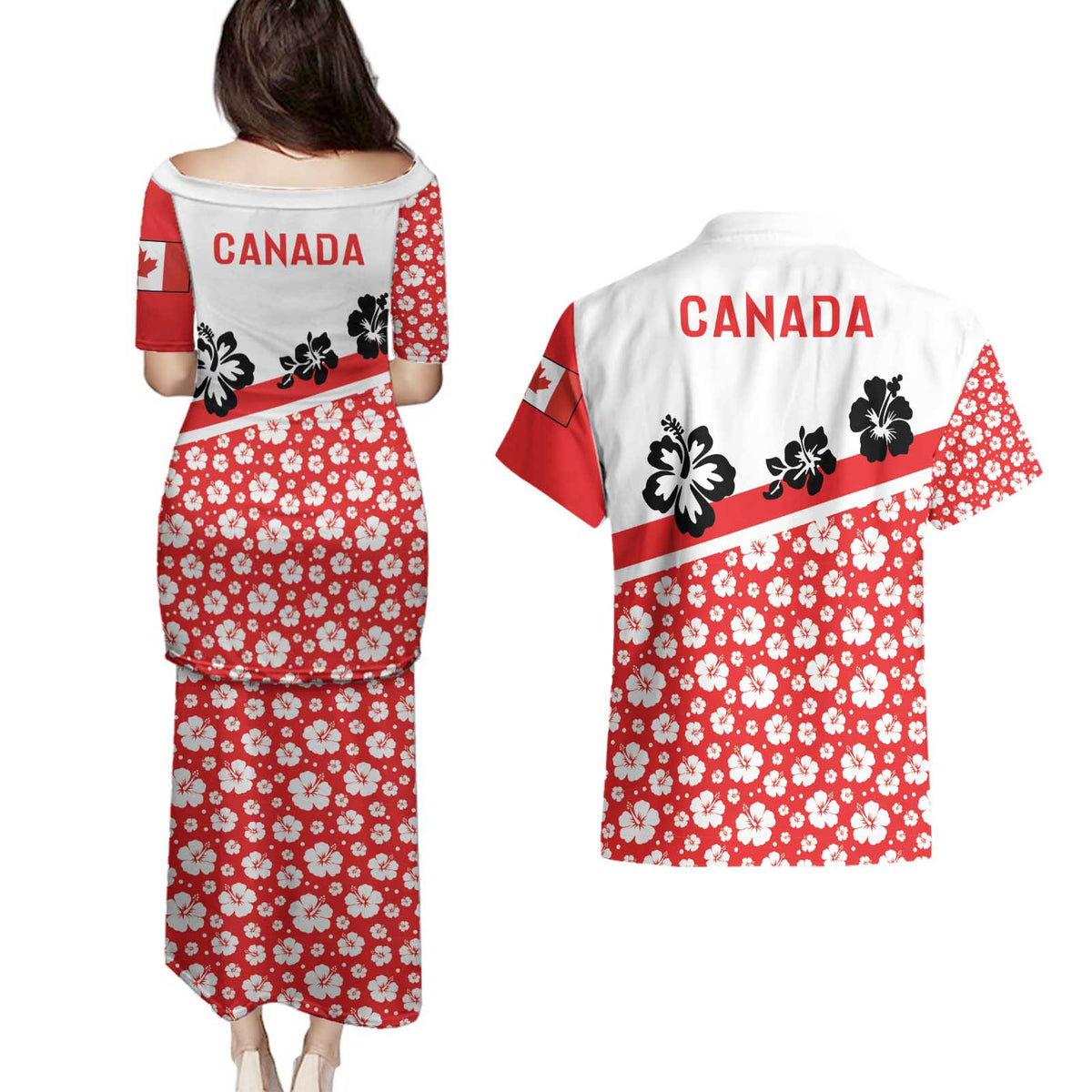 Canada Couples Matching Puletasi and Hawaiian Shirt Summer Hibiscus Tropical Flower