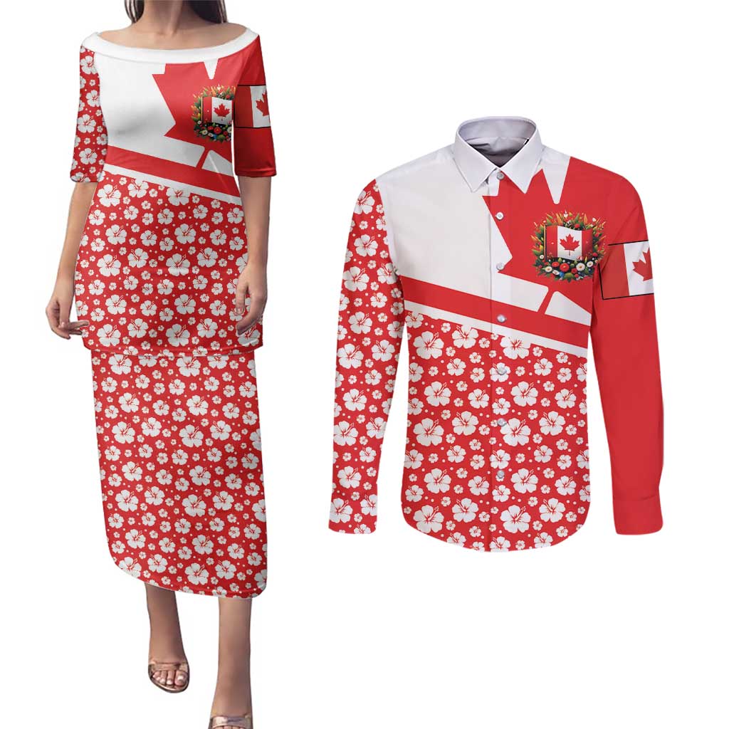 Canada Couples Matching Puletasi and Long Sleeve Button Shirt Summer Hibiscus Tropical Flower