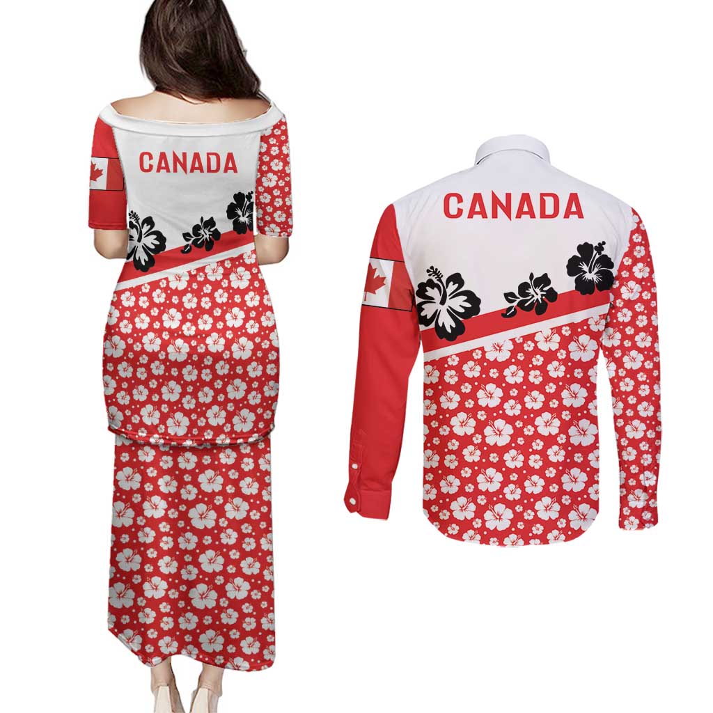 Canada Couples Matching Puletasi and Long Sleeve Button Shirt Summer Hibiscus Tropical Flower