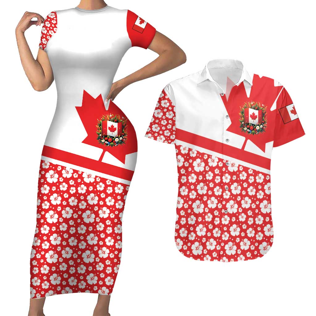Canada Couples Matching Short Sleeve Bodycon Dress and Hawaiian Shirt Summer Hibiscus Tropical Flower