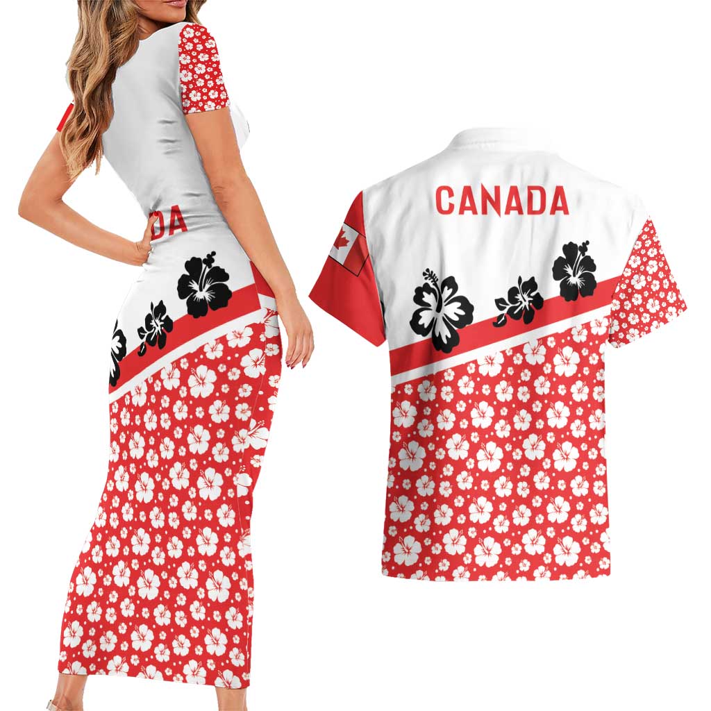 Canada Couples Matching Short Sleeve Bodycon Dress and Hawaiian Shirt Summer Hibiscus Tropical Flower