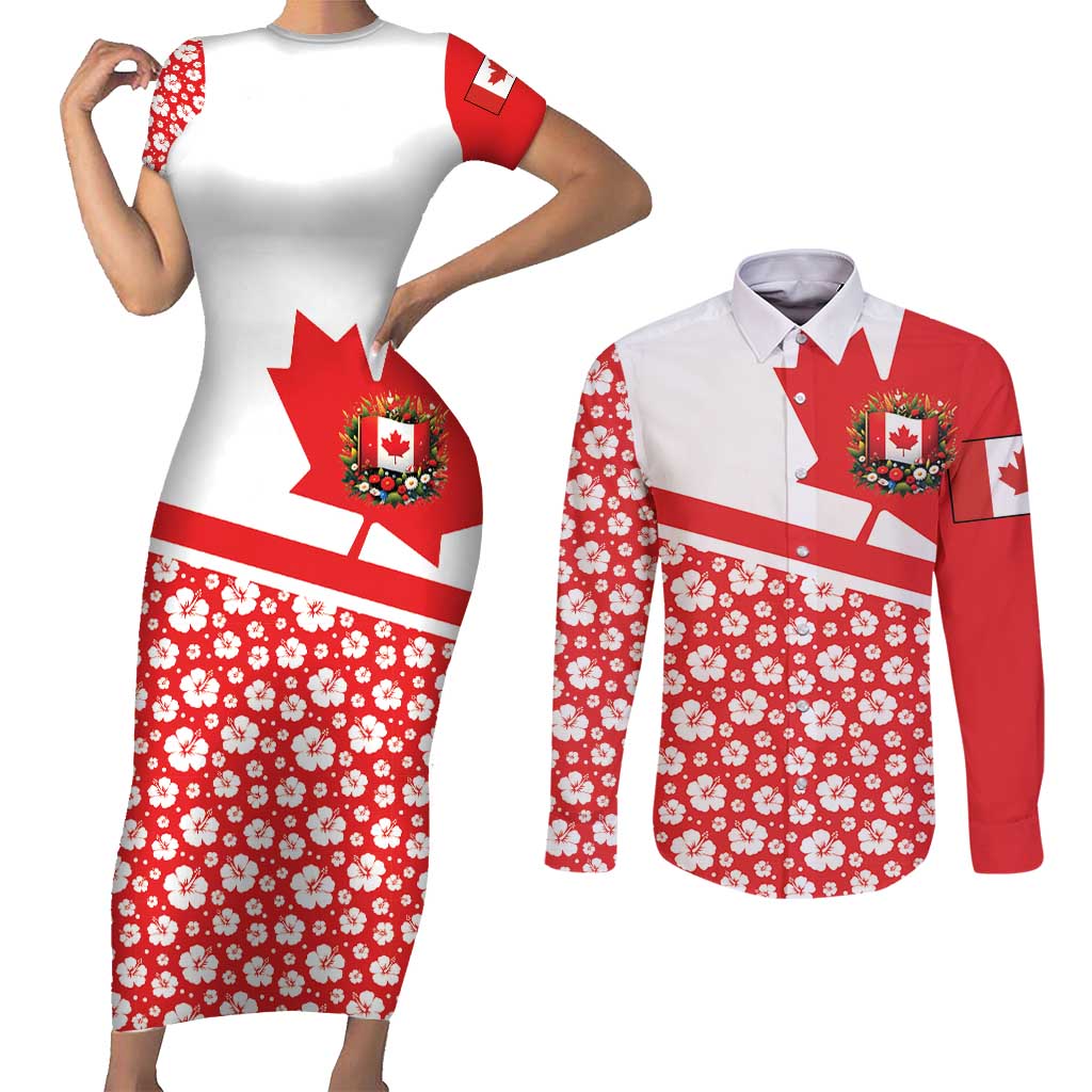 Canada Couples Matching Short Sleeve Bodycon Dress and Long Sleeve Button Shirt Summer Hibiscus Tropical Flower
