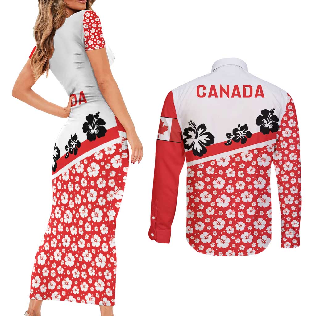 Canada Couples Matching Short Sleeve Bodycon Dress and Long Sleeve Button Shirt Summer Hibiscus Tropical Flower