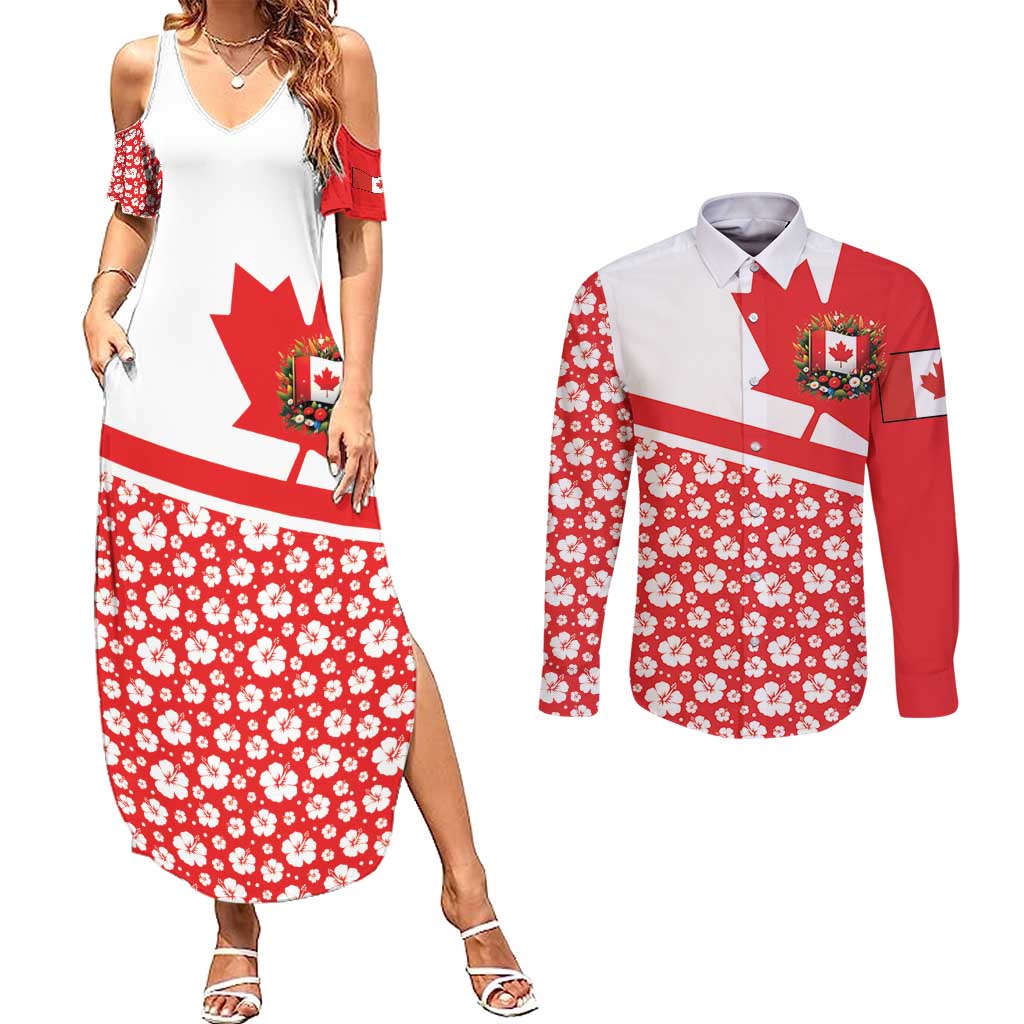 Canada Couples Matching Summer Maxi Dress and Long Sleeve Button Shirt Summer Hibiscus Tropical Flower