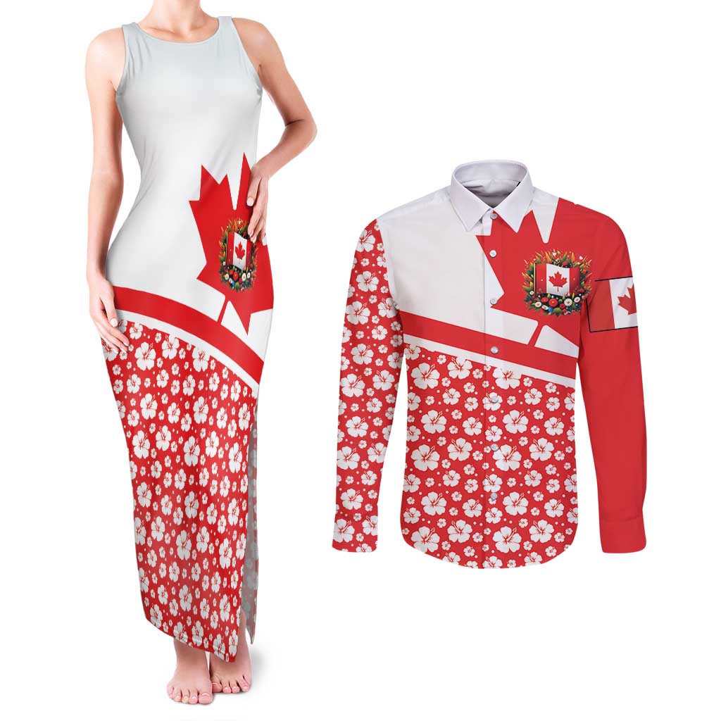 Canada Couples Matching Tank Maxi Dress and Long Sleeve Button Shirt Summer Hibiscus Tropical Flower