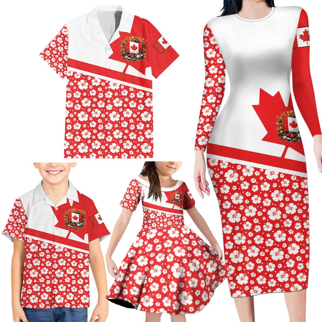 Canada Family Matching Long Sleeve Bodycon Dress and Hawaiian Shirt Summer Hibiscus Tropical Flower