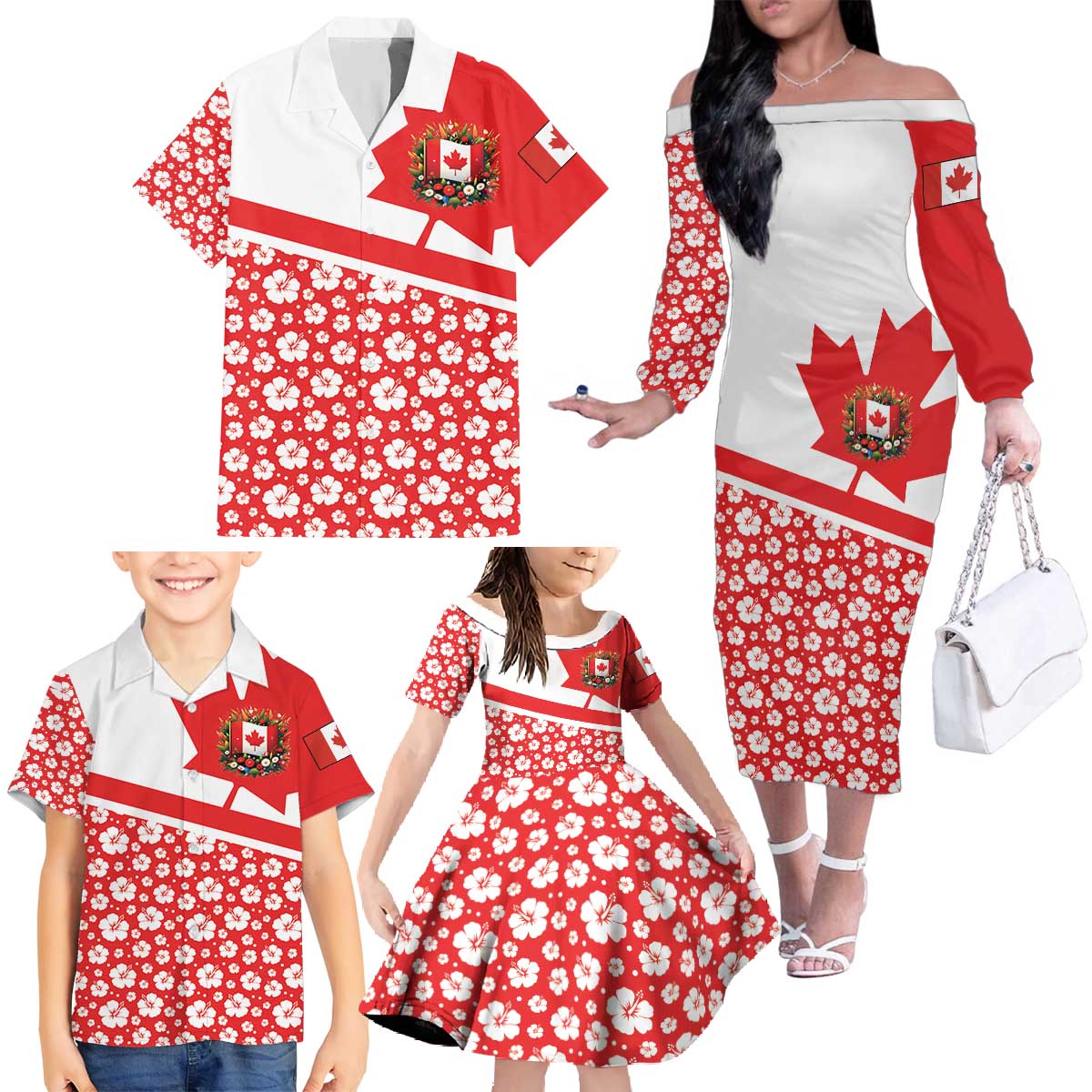 Canada Family Matching Off The Shoulder Long Sleeve Dress and Hawaiian Shirt Summer Hibiscus Tropical Flower
