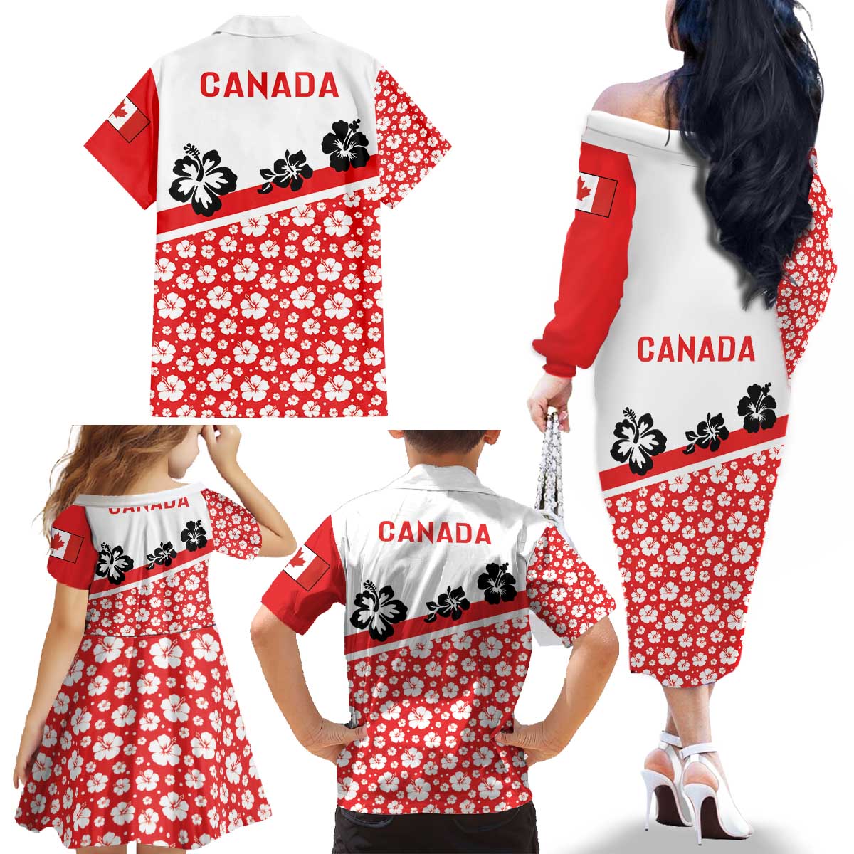 Canada Family Matching Off The Shoulder Long Sleeve Dress and Hawaiian Shirt Summer Hibiscus Tropical Flower