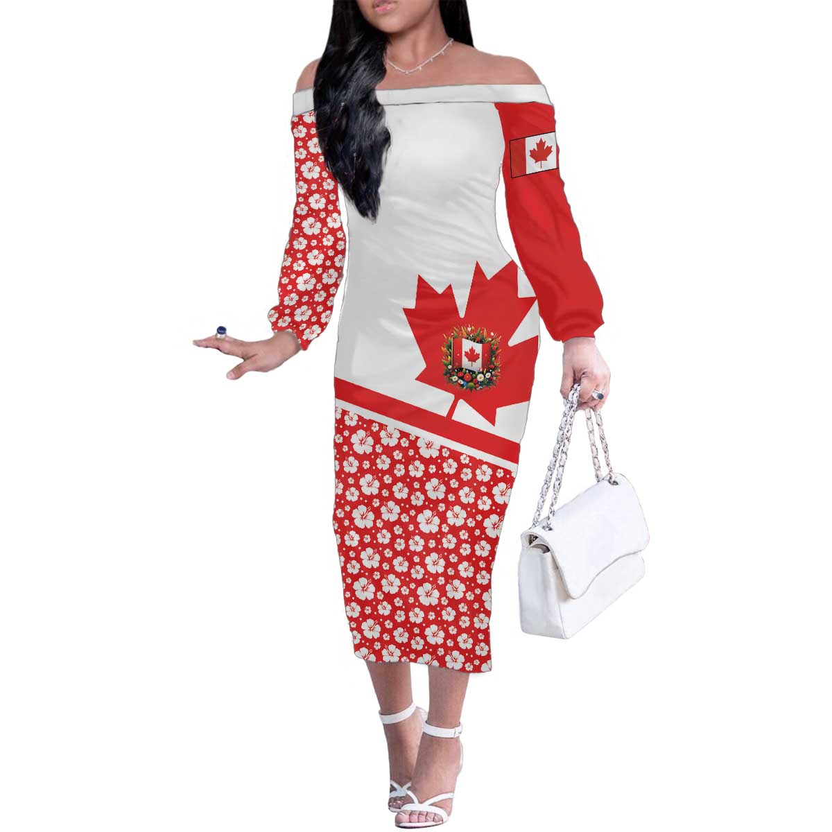 Canada Family Matching Off The Shoulder Long Sleeve Dress and Hawaiian Shirt Summer Hibiscus Tropical Flower