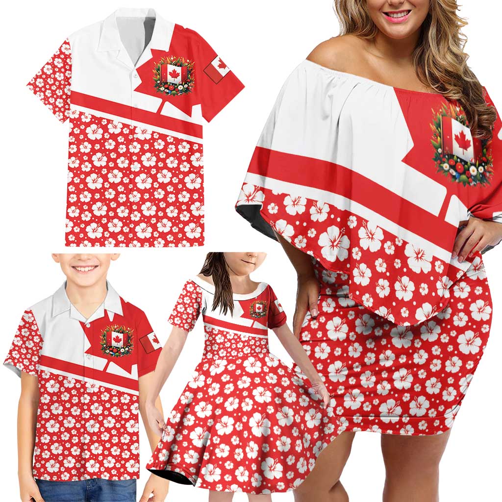 Canada Family Matching Off Shoulder Short Dress and Hawaiian Shirt Summer Hibiscus Tropical Flower