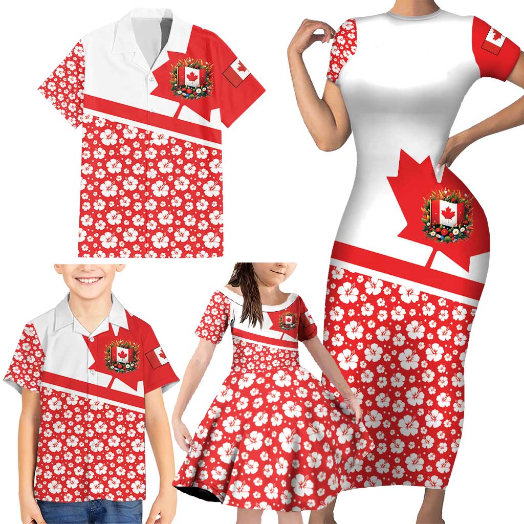 Canada Family Matching Short Sleeve Bodycon Dress and Hawaiian Shirt Summer Hibiscus Tropical Flower