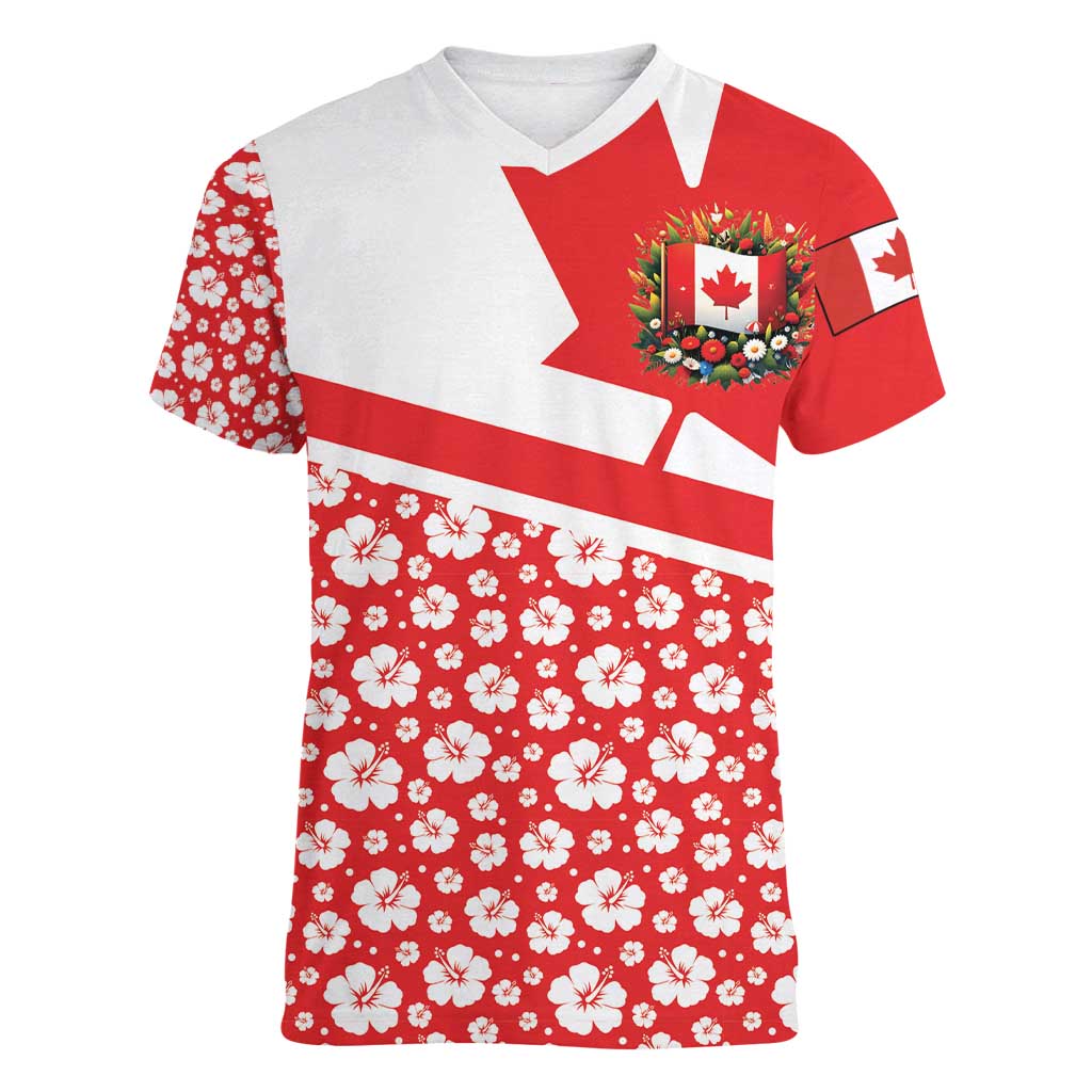 Canada Women V-Neck T-Shirt Summer Hibiscus Tropical Flower
