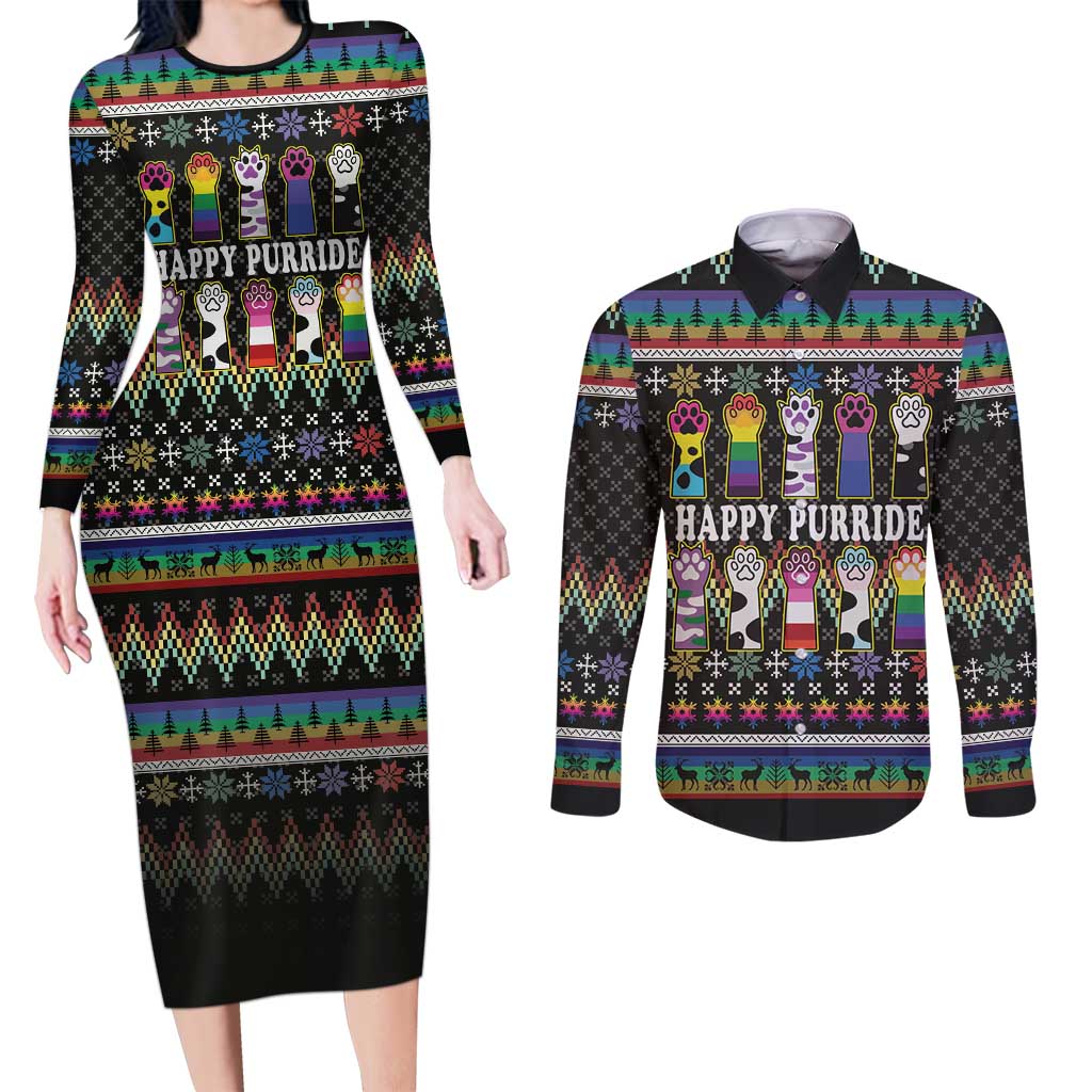 Pride Cat LGBT Couples Matching Long Sleeve Bodycon Dress and Long Sleeve Button Shirt Happy Purride Christmas - Cute Pet Rainbow Flag - Wonder Print Shop
